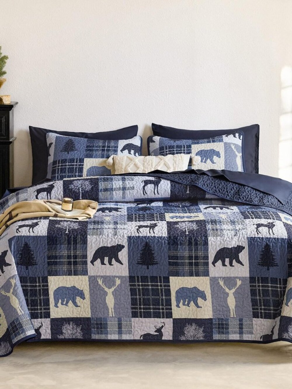 Rustic Quilt Set, Cabin Lodge Christmas Bear Moose Deer Wildlife Western